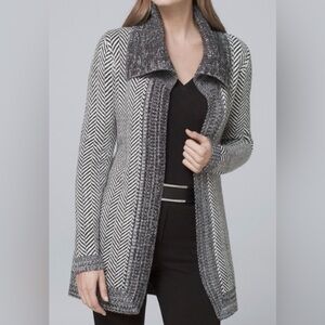 White House Black Market black & white shimmer herringbone sweater open cardigan